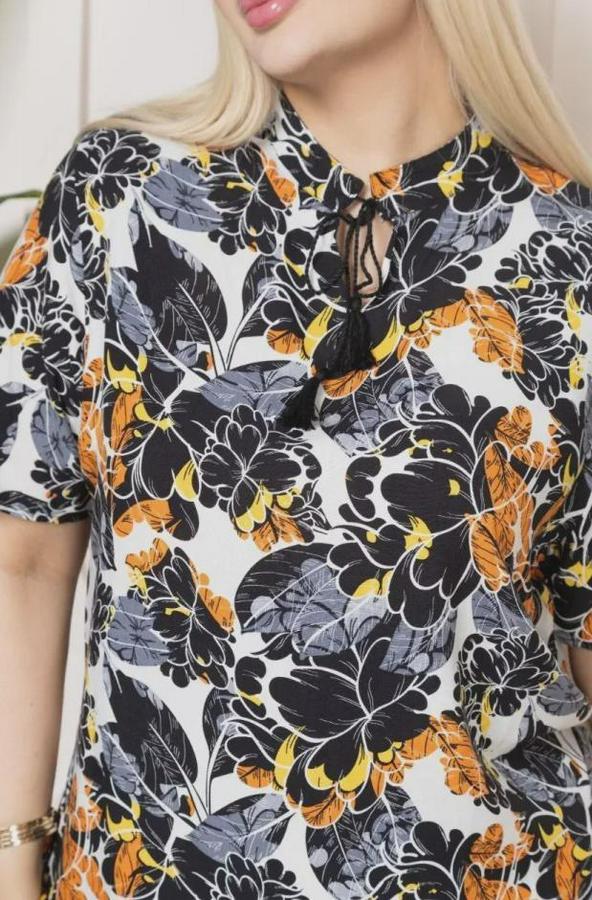 Desenli Püsküllü Viskon Bluz Bebe Yaka Kısa Kollu Big Size Rahat Kesim