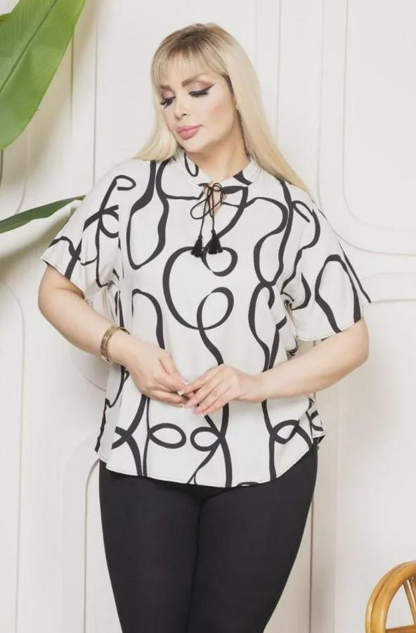 Desenli Püsküllü Viskon Bluz Bebe Yaka Kısa Kollu Big Size Rahat Kesim