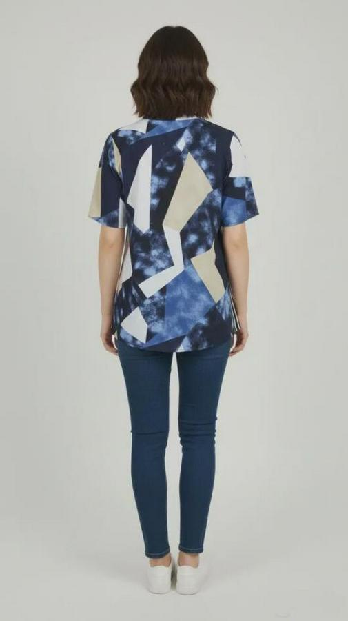 Desenli Püsküllü Viskon Bluz Bebe Yaka Kısa Kollu Big Size Rahat Kesim