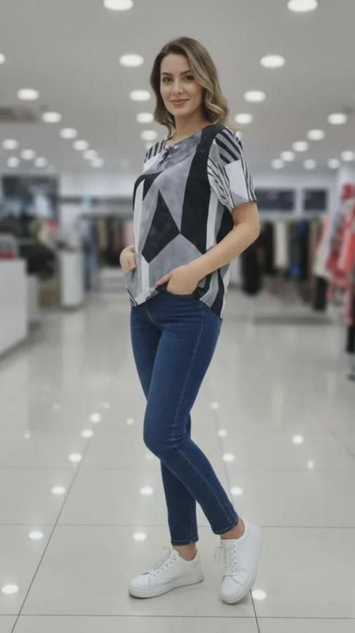 Desenli Püsküllü Viskon Bluz Bebe Yaka Kısa Kollu Big Size Rahat Kesim