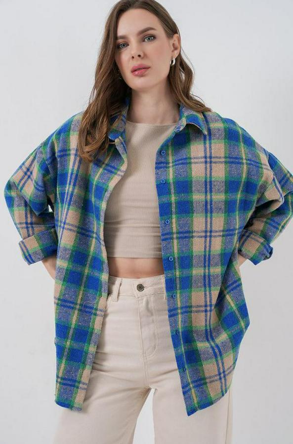 Ekose Desen Oversize Oduncu Gömlek 3854 Mavi Gri