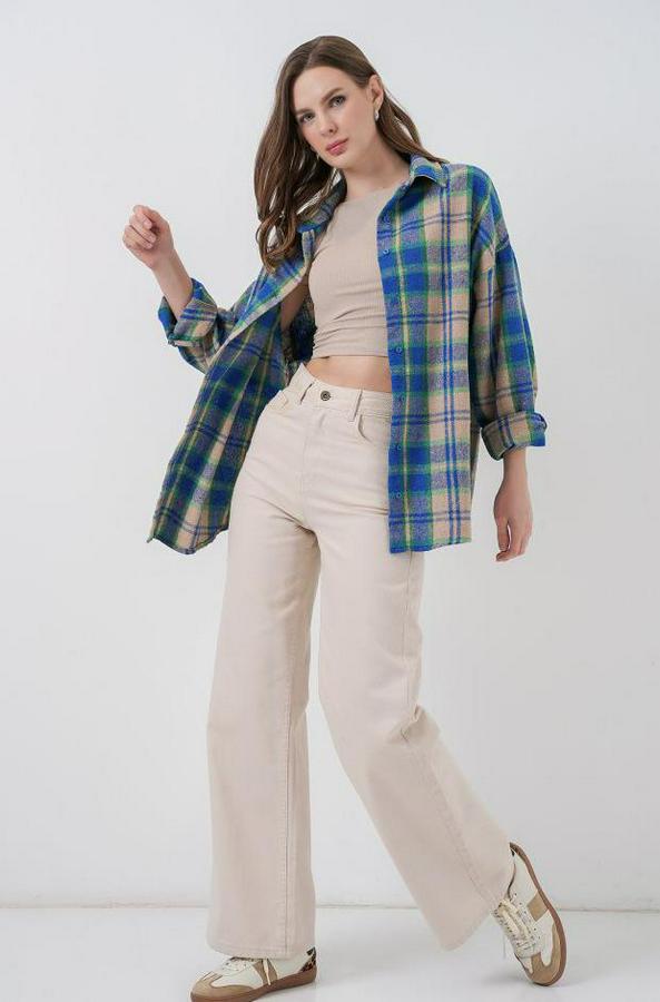 Ekose Desen Oversize Oduncu Gömlek 3854 Mavi Gri