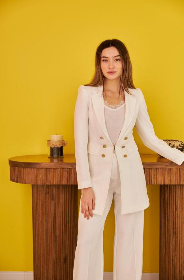 Ekru Blazer Düğmeli Ceket