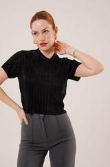 Fitilli Kısa Kollu Parlak Siyah Bluz