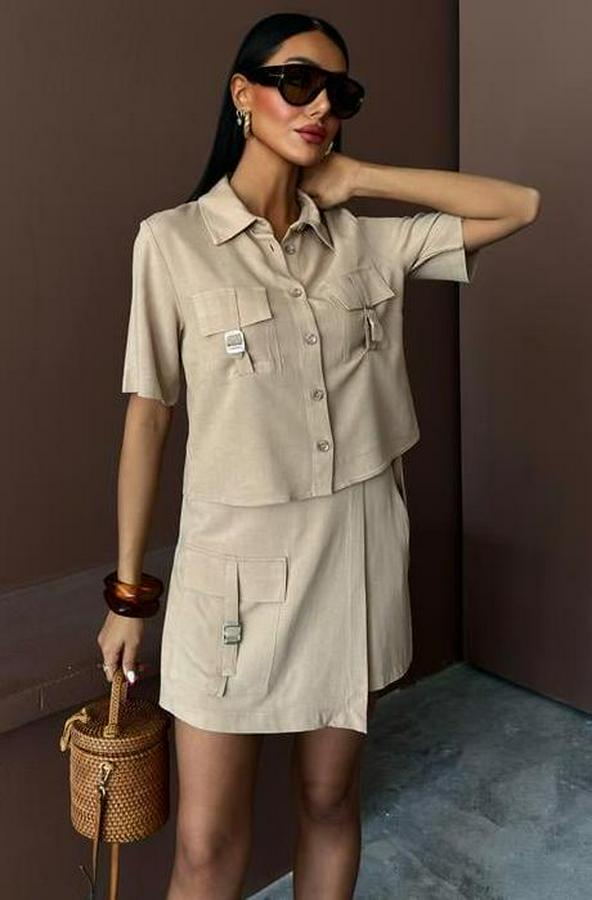 Gömlek Şort Etek Viscon Keten Takım 10162