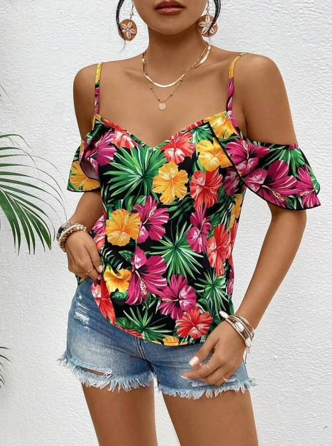 Askılı Omuzlardan Açık Çiçek Baskılı Bluz