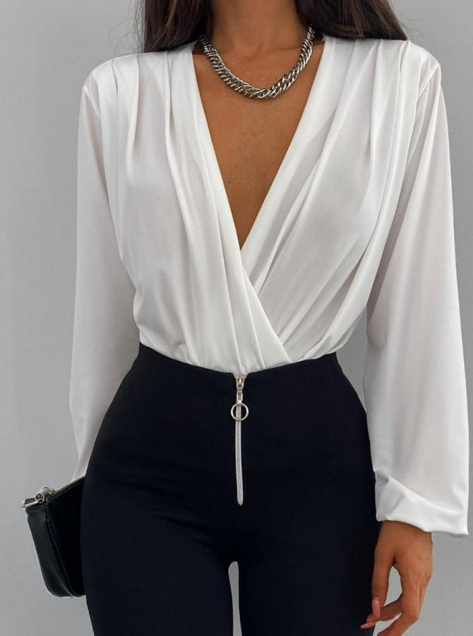 Beyaz Kruvaze Yaka Sandy Bluz