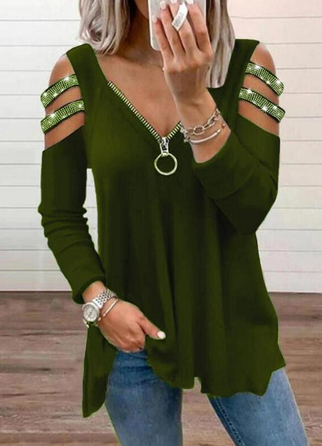 Haki Kolları Taş Işlemeli Uzun Kol Fermuarlı Viskon Bluz