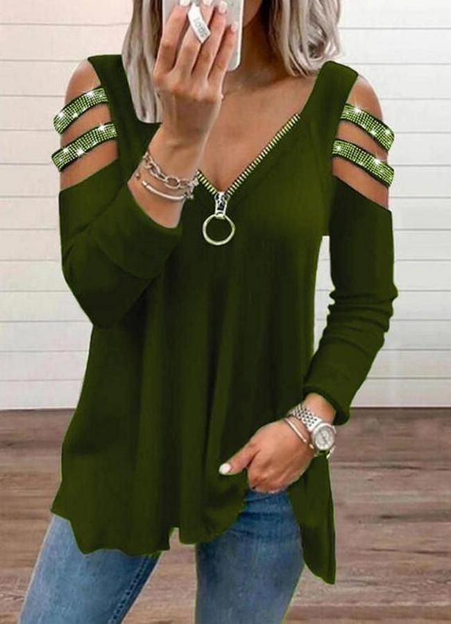 Haki Kolları Taş Işlemeli Uzun Kol Fermuarlı Viskon Bluz