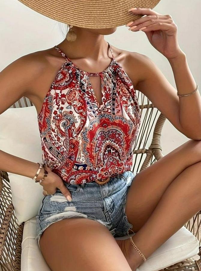 Halter Kollu Damla Detaylı Desenli Süprem Bluz