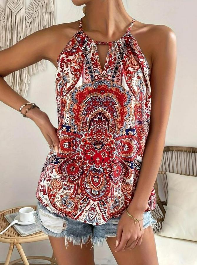 Halter Kollu Damla Detaylı Desenli Süprem Bluz