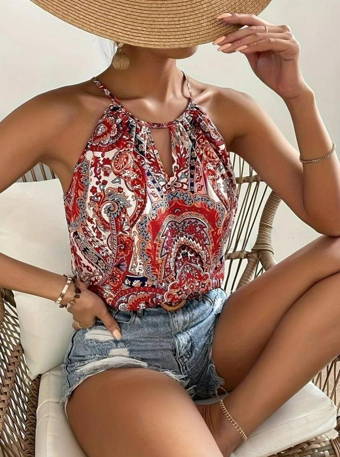 Halter Kollu Damla Detaylı Desenli Süprem Bluz