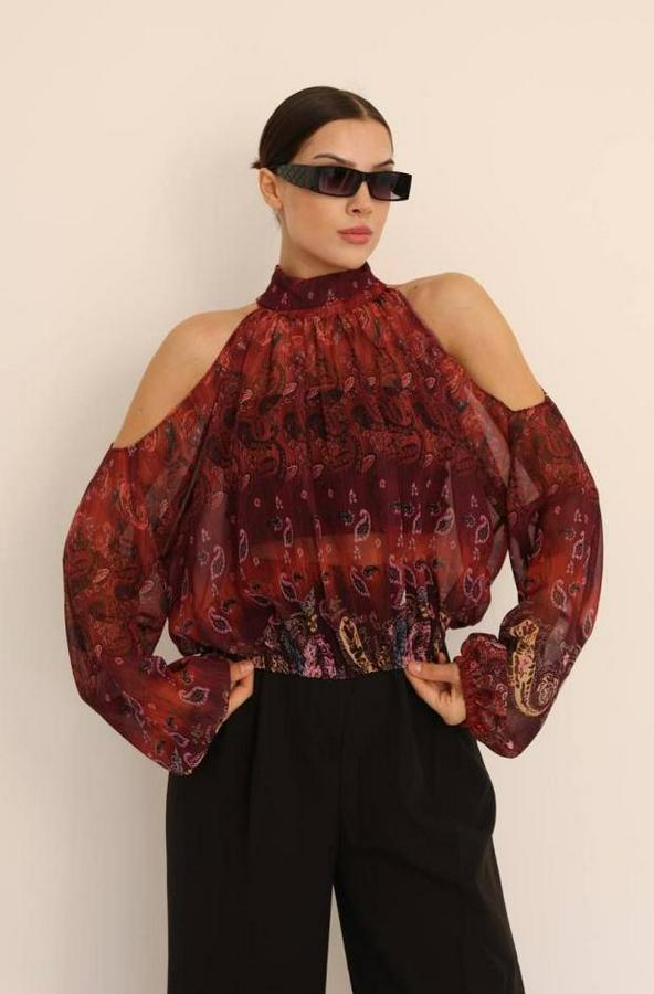 Halter Yaka Full Transparan Omuz Dekolteli Bluz