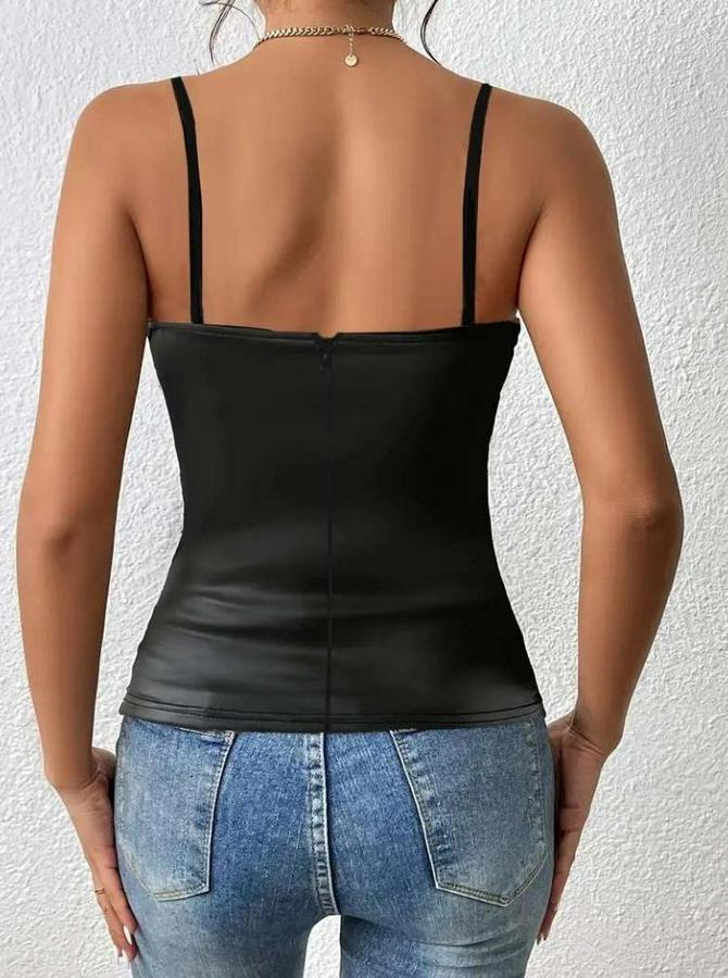 Ip Askılı Geniş V Yakalı Deri Bluz