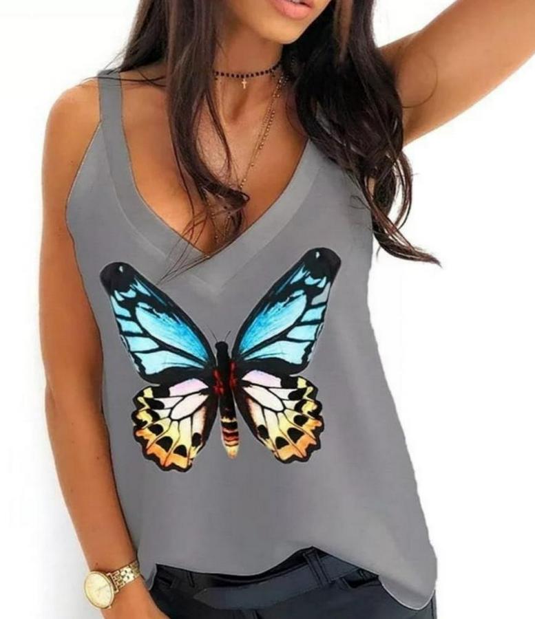 Kelebek Baskılı Sandy Kumaş Askılı Bluz