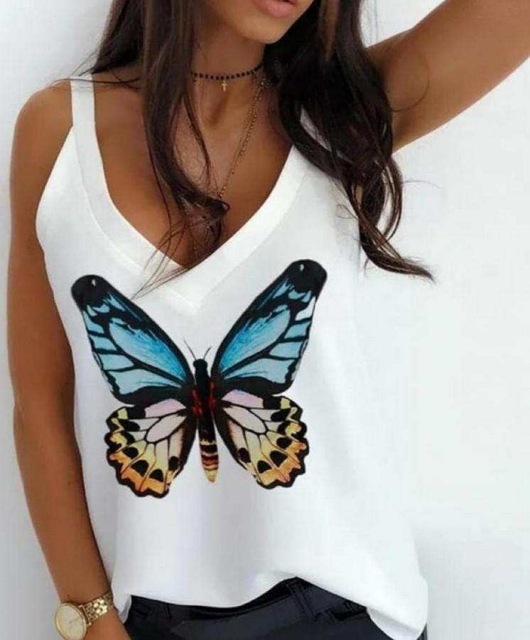 Kelebek Baskılı Sandy Kumaş Askılı Bluz