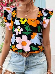 Kısa Fırfır Kollu Kare Yaka Çiçek Desenli Ithal Keten Bluz