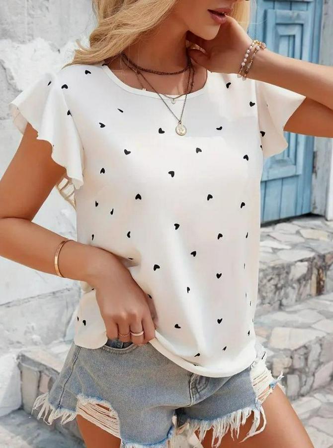 Kısa Kelebek Kollu Bisiklet Yaka Kalp Desenli Süprem Bluz