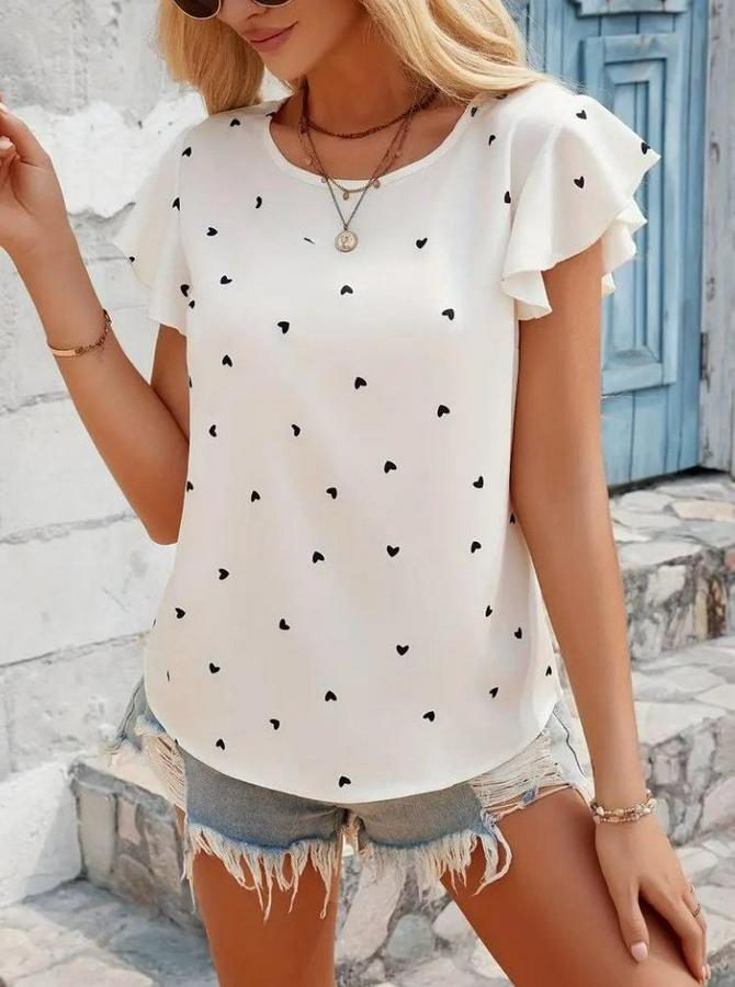 Kısa Kelebek Kollu Bisiklet Yaka Kalp Desenli Süprem Bluz