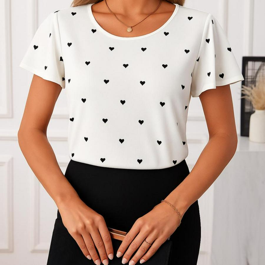 Kısa Kelebek Kollu Bisiklet Yaka Kalp Desenli Süprem Bluz