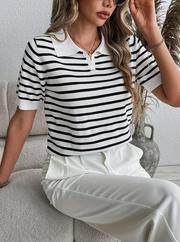 Kısa Kol Polo Yaka Çizgi Desen Triko Bluz