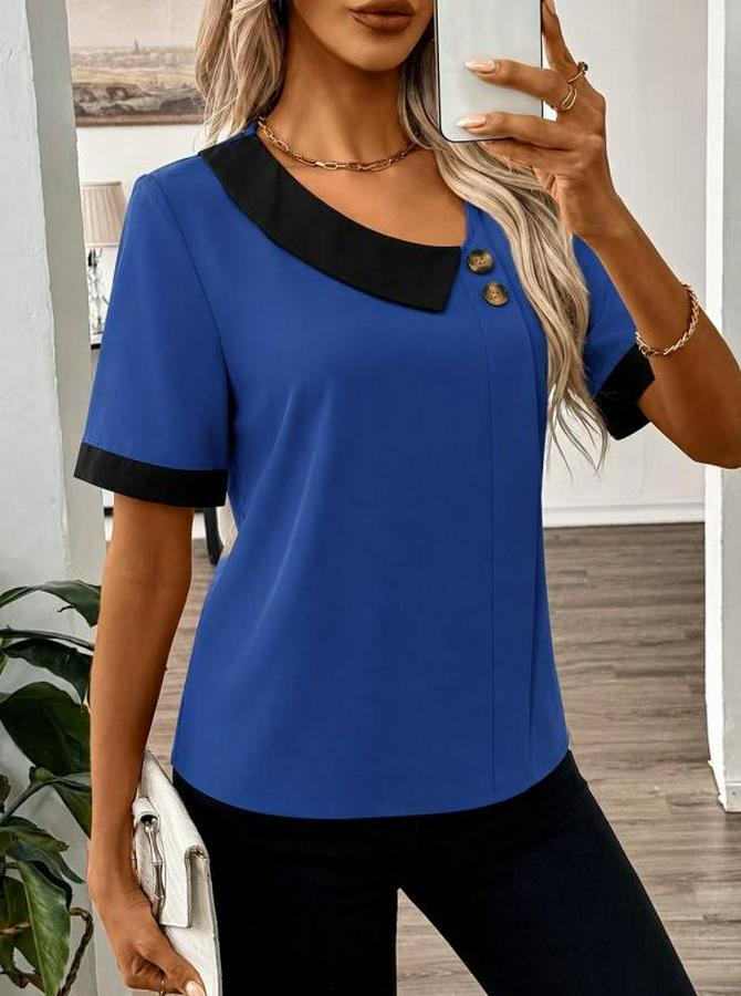 Kısa Kollu Asımetrik Yaka Detaylı Düğmeli Dubai Bluz