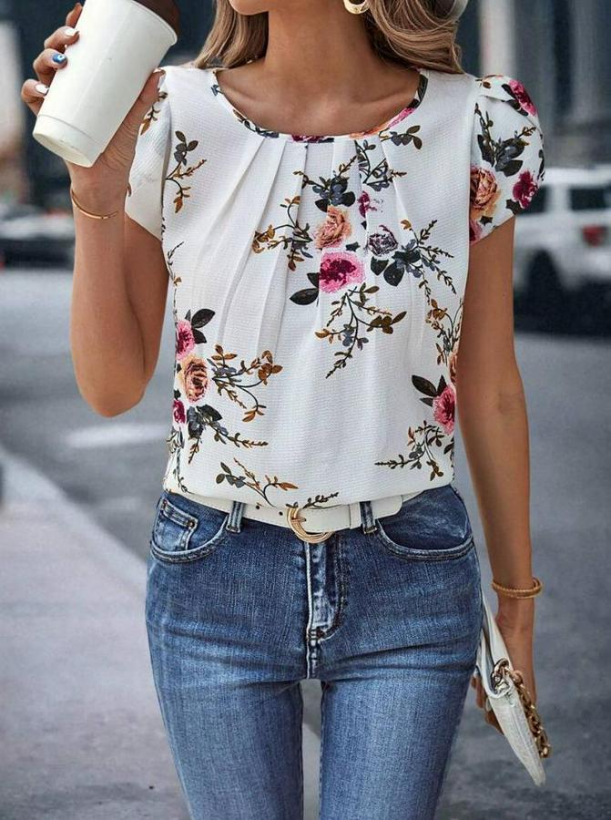 Kısa Kollu Bisiklet Yaka Çiçek Baskılı Süprem Bluz