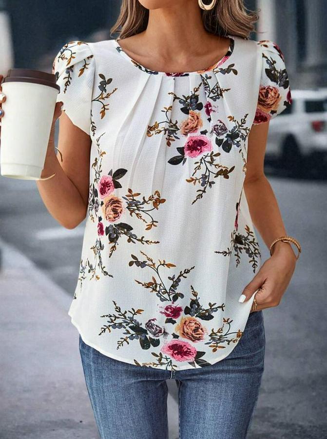 Kısa Kollu Bisiklet Yaka Çiçek Baskılı Süprem Bluz