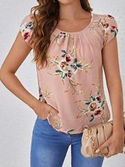 Kısa Kollu Bisiklet Yaka Çiçek Baskılı Süprem Bluz