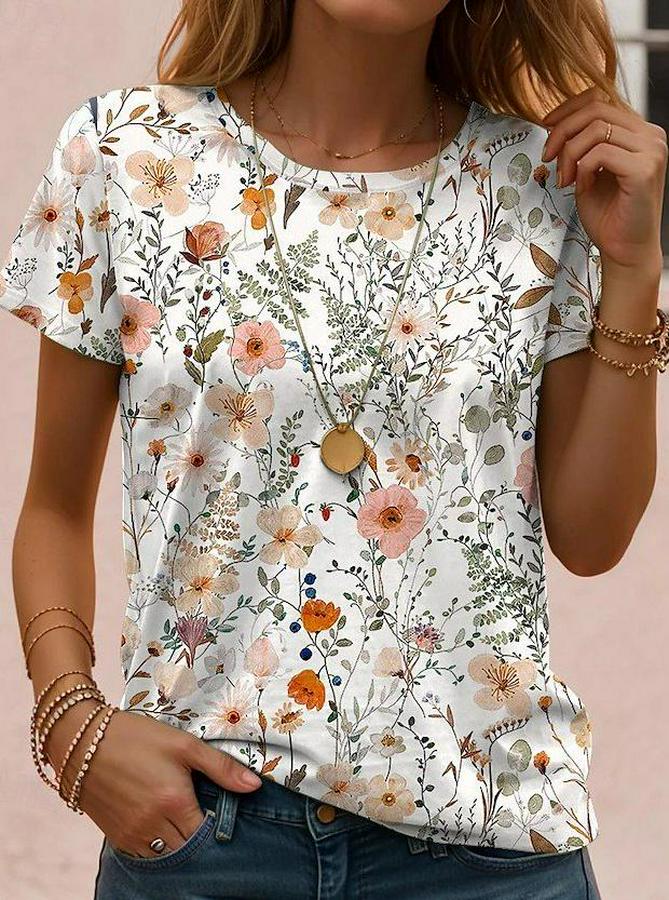 Kısa Kollu Bisiklet Yaka Çiçek Desenli Viskon Bluz