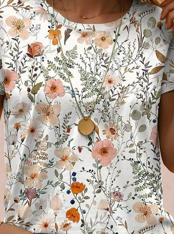 Kısa Kollu Bisiklet Yaka Çiçek Desenli Viskon Bluz