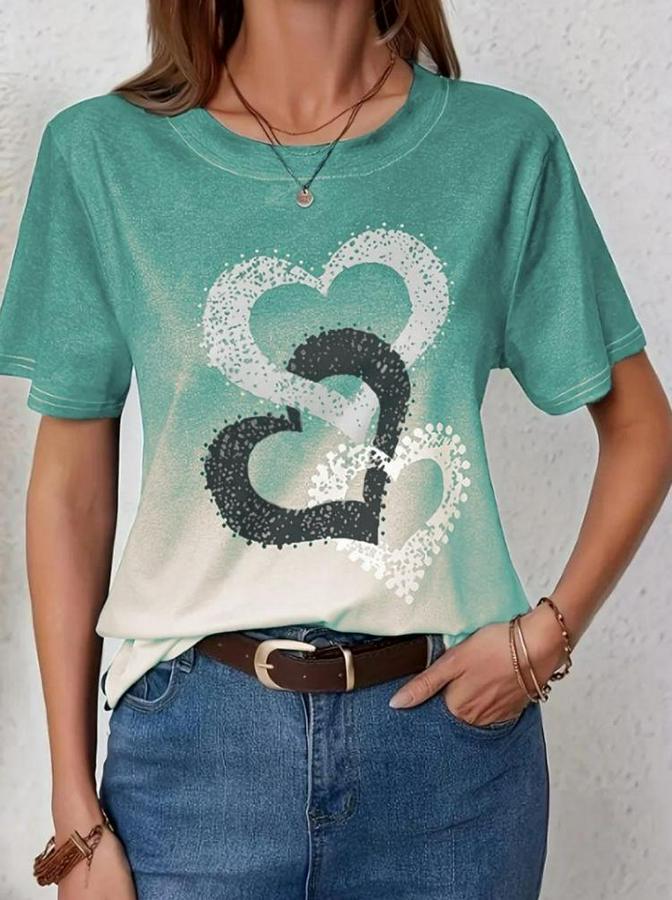 Kısa Kollu Bisiklet Yaka Kalp Baskılı Süprem Bluz