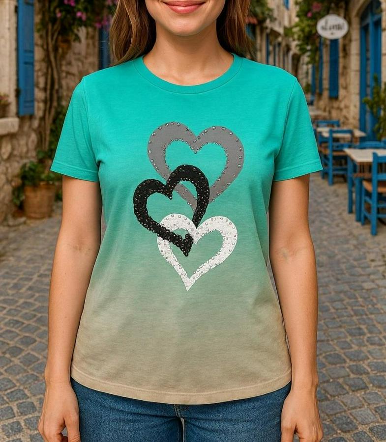 Kısa Kollu Bisiklet Yaka Kalp Baskılı Süprem Bluz