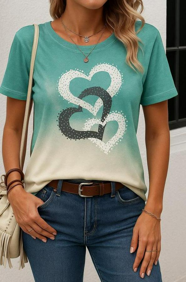 Kısa Kollu Bisiklet Yaka Kalp Baskılı Süprem Bluz