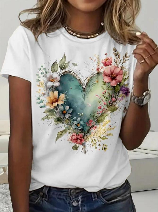 Kısa Kollu Bisiklet Yaka Kalp Desenli Süprem Bluz