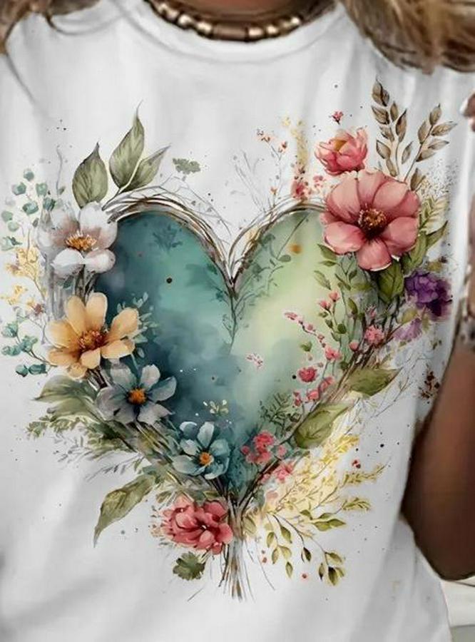 Kısa Kollu Bisiklet Yaka Kalp Desenli Süprem Bluz