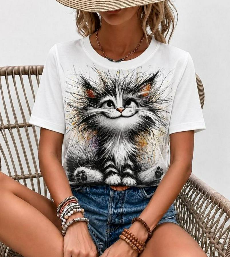 Kısa Kollu Bisiklet Yaka Kedi Baskılı Süprem Bluz