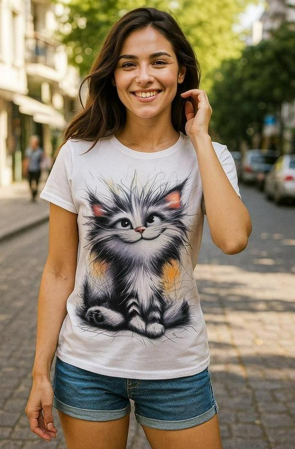 Kısa Kollu Bisiklet Yaka Kedi Baskılı Süprem Bluz
