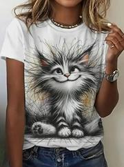 Kısa Kollu Bisiklet Yaka Kedi Baskılı Süprem Bluz