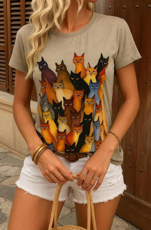 Kısa Kollu Bisiklet Yaka Kedi Desenli Süprem Bluz