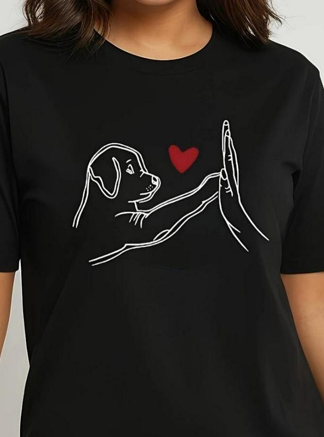 Kısa Kollu Bisiklet Yaka Köpek Baskılı Viskon Bluz