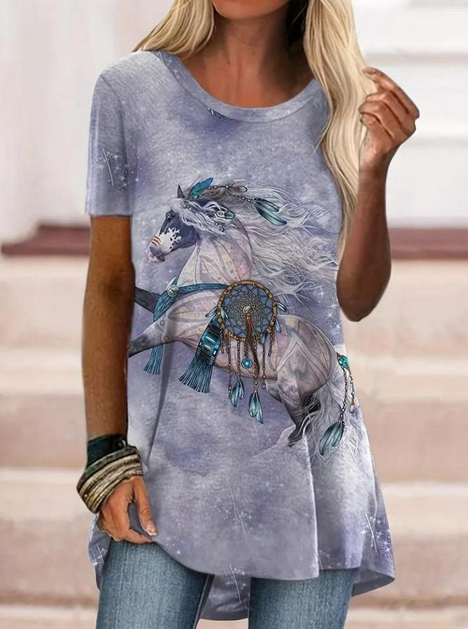 Kısa Kollu Bisiklet Yaka Mitolojik At Figür Baskılı Salaş Süprem Bluz