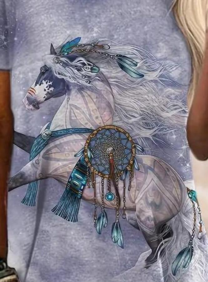 Kısa Kollu Bisiklet Yaka Mitolojik At Figür Baskılı Salaş Süprem Bluz