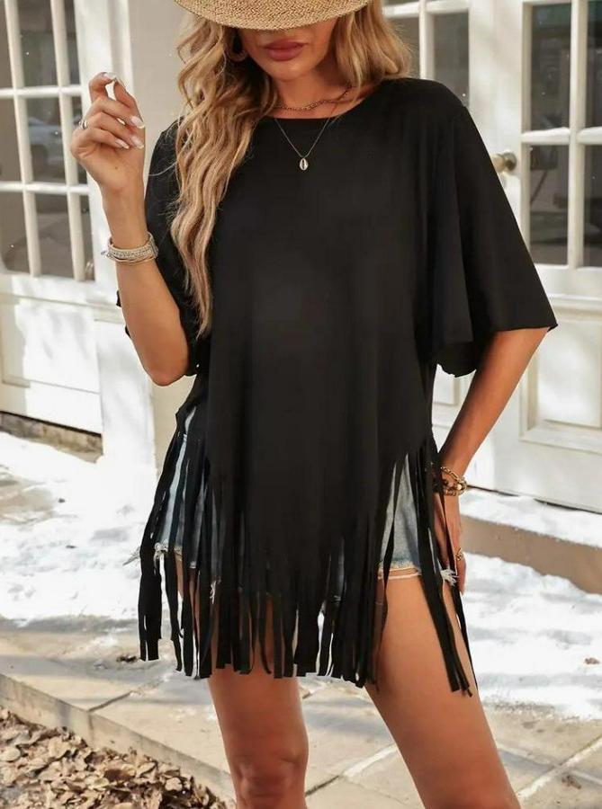 Kısa Kollu Bisiklet Yaka Püsküllü Viskon Bluz