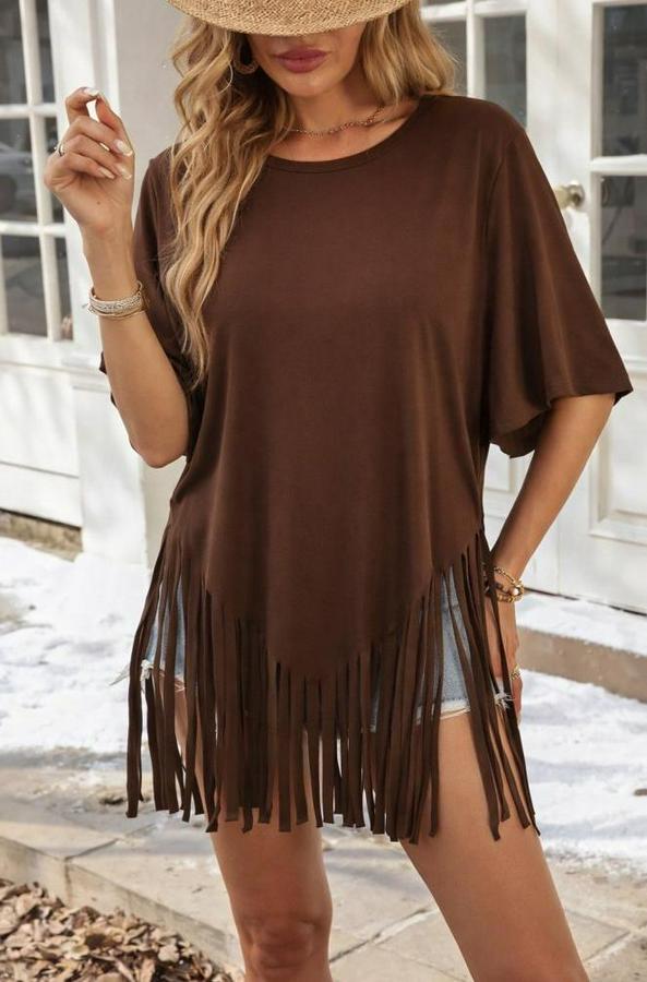 Kısa Kollu Bisiklet Yaka Püsküllü Viskon Bluz