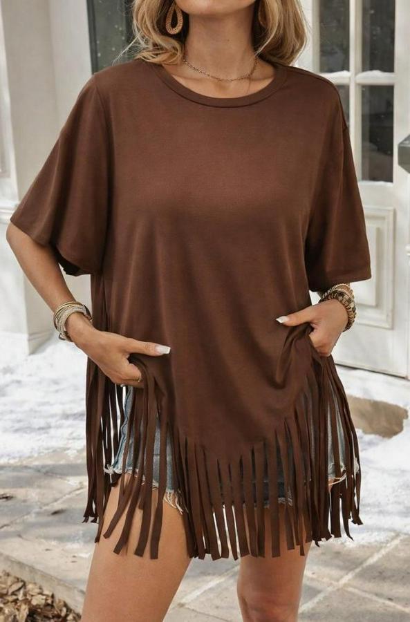 Kısa Kollu Bisiklet Yaka Püsküllü Viskon Bluz