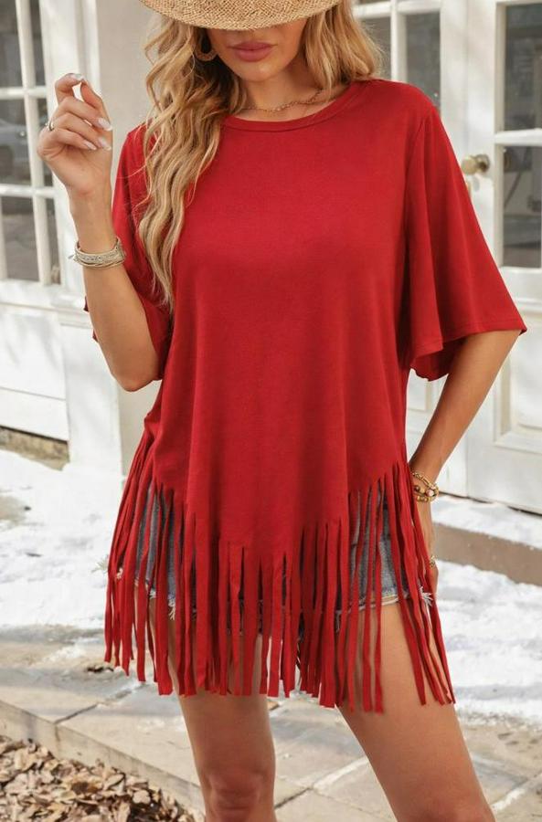 Kısa Kollu Bisiklet Yaka Püsküllü Viskon Bluz