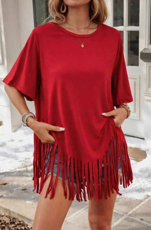 Kısa Kollu Bisiklet Yaka Püsküllü Viskon Bluz