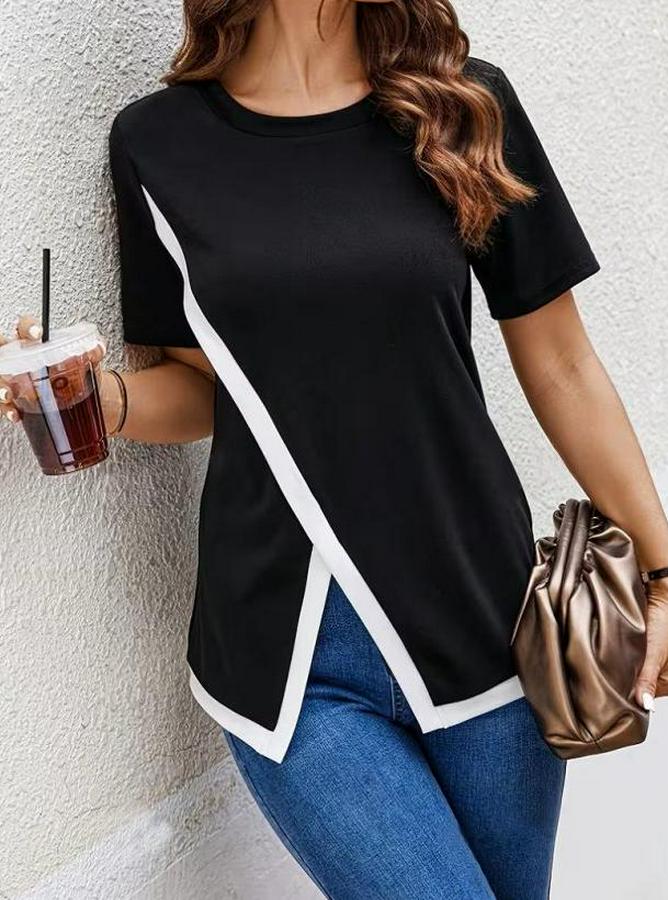 Kısa Kollu Bisiklet Yaka Viskon Bluz