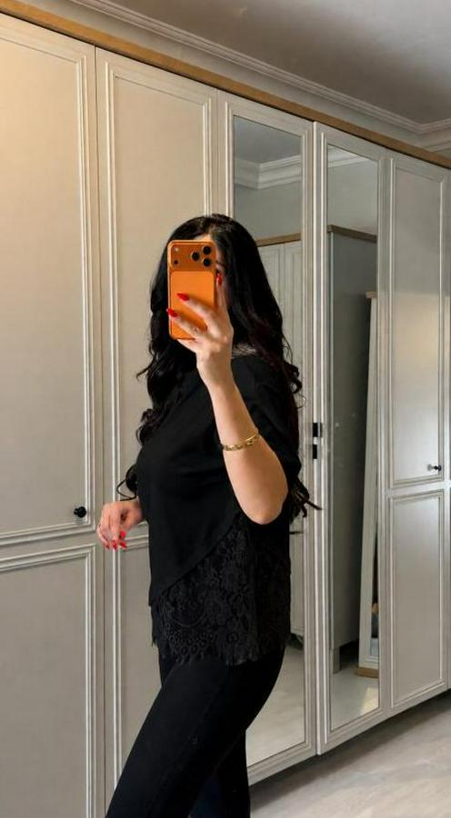 Kısa Kollu Bisiklet Yakalı Dantel Detaylı Viskon Iki Iplik Bluz